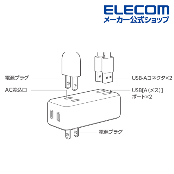 モバイルUSBタップ（直差し/2口+2ポート） | エレコムダイレクト
