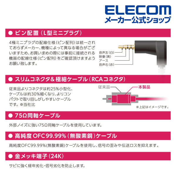 L型ミニプラグ（4極）-RCAピンプラグケーブル | エレコムダイレクトショップ本店はPC周辺機器メーカー「ELECOM」の直営通販サイト