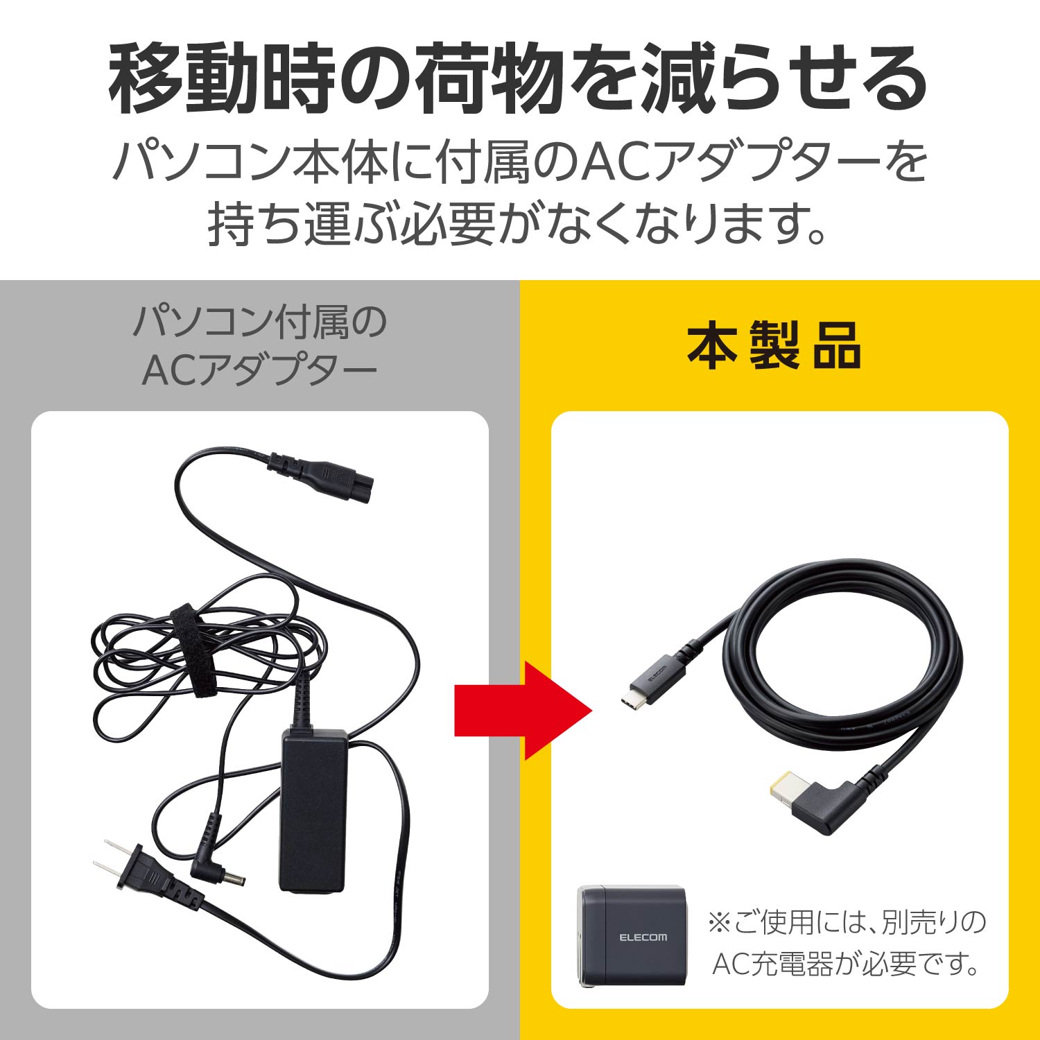 ノートPC用充電ケーブル(USB Type-C/DC角コネクター/60W) | エレコム