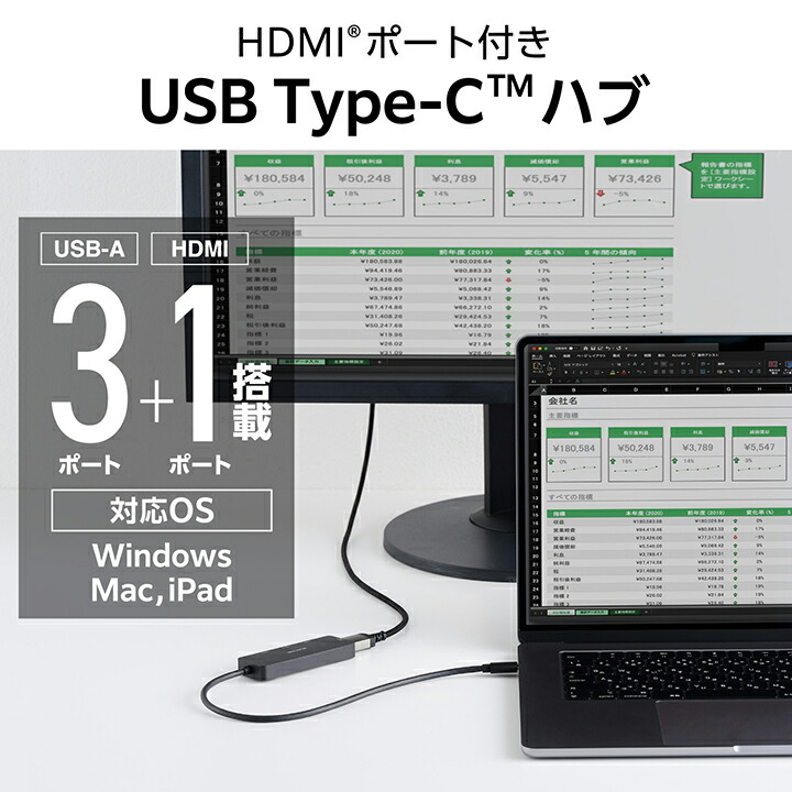 Type BポートでPCに接続、1ユニバースDMX出力インターフェース入門 USB Type-C(TM)ハブ＋1機能(HDMI(R)ポート付き) - U3H-MH3006BBK
