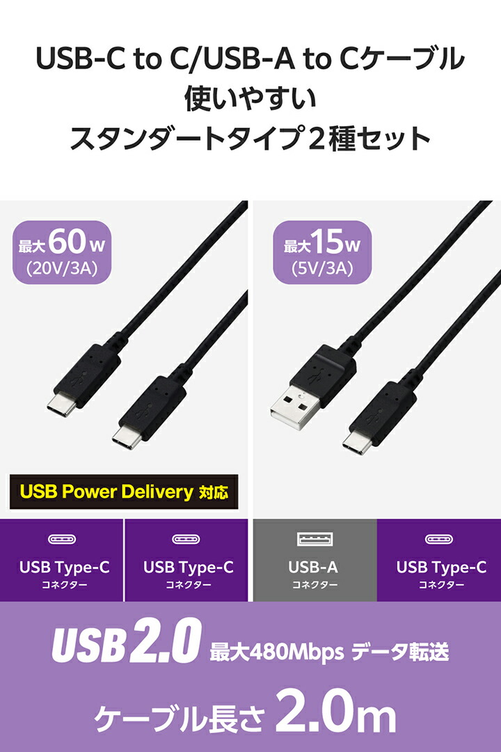 USB Type-C(TM) - USB-A/USB Type-Cケーブル(USB2.0/2種セット