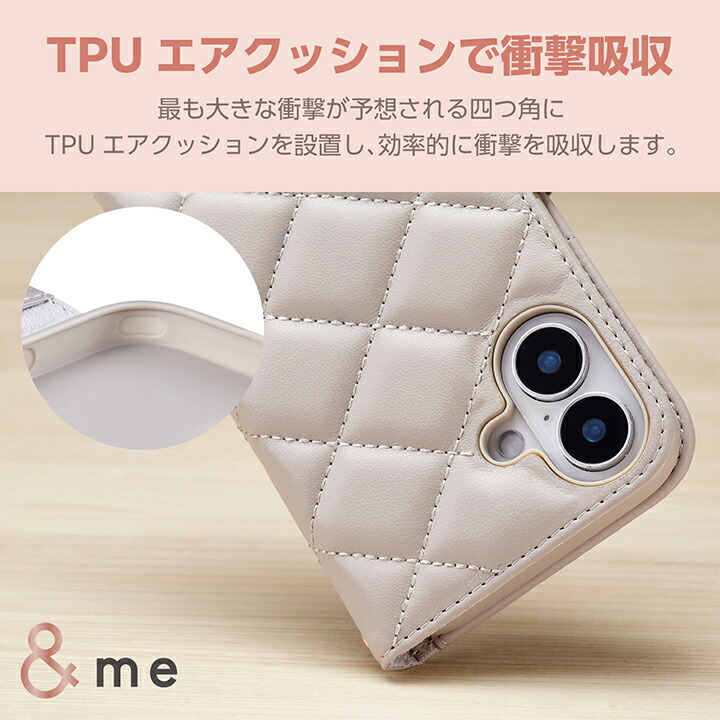 iPhone 16 &me ソフトレザーケース キルティング 磁石付 ハンド