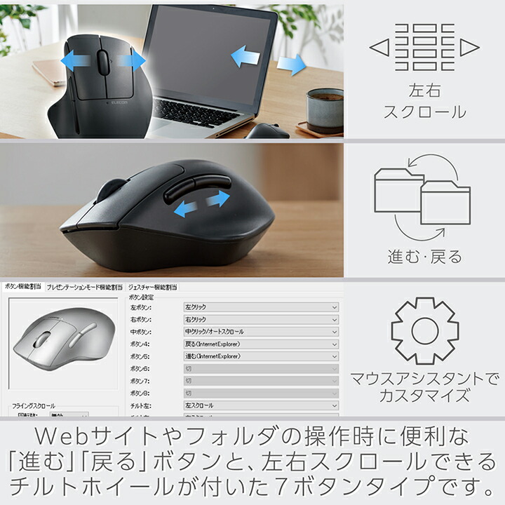 無線マルチ接続Sサイズマウス“SHELLPHA”チルト機能付き7ボタン