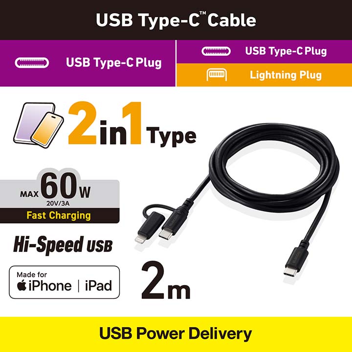 2in1ケーブル(USB Type-C - USB Type-C/Lightning変換/MFi認証