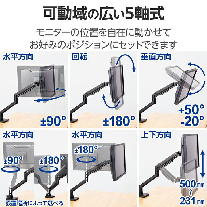 ガススプリング式モニターアーム(高耐荷重/1画面/バランス