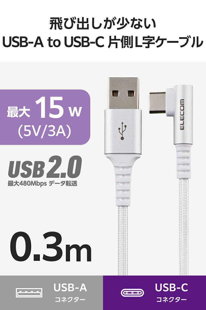 USB-A - USB Type-C(TM)ケーブル(USB2.0/15W/片側L字 ) | エレコム