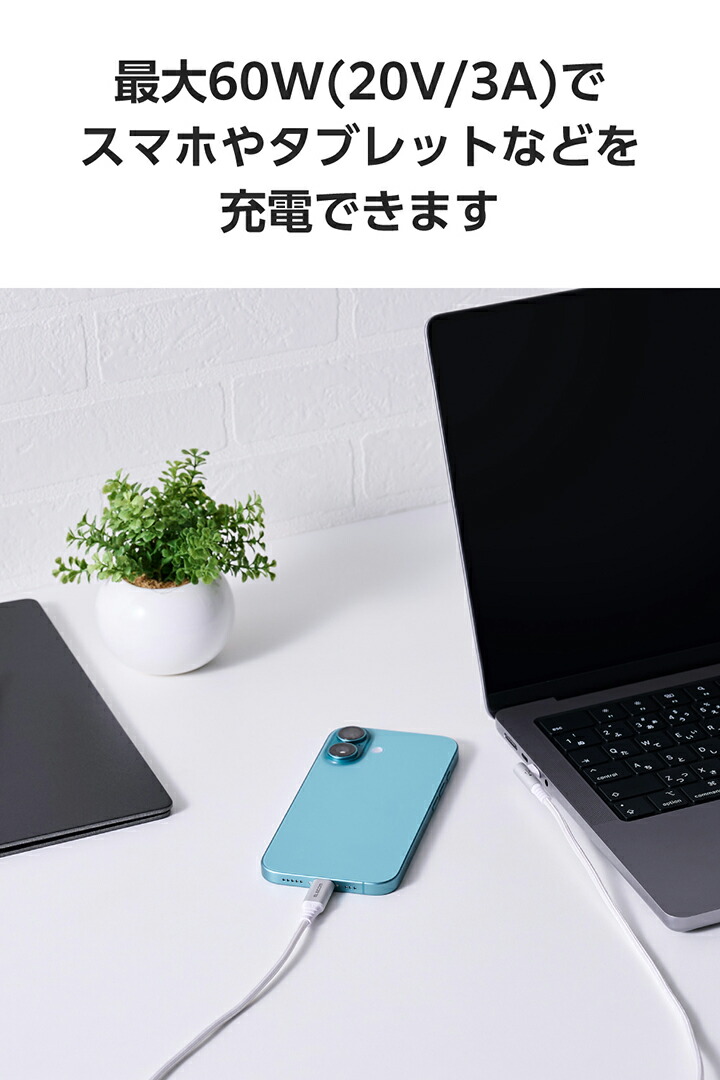 USB Type-C(TM) - USB Type-Cケーブル(USB2.0/60W/片側L字