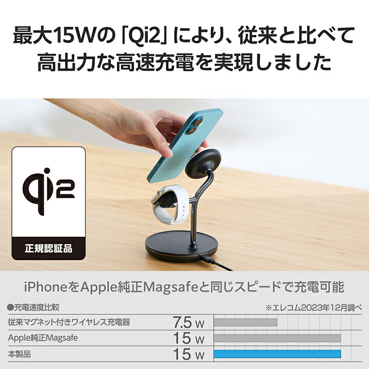 ELECOM - ELECOM　Qi2 3in1ワイヤレス充電スタンド W-MS08BK　ブラック Qi2 3in1ワイヤレス充電スタンド(15W+5W+Apple Watch) - W-MS08BK