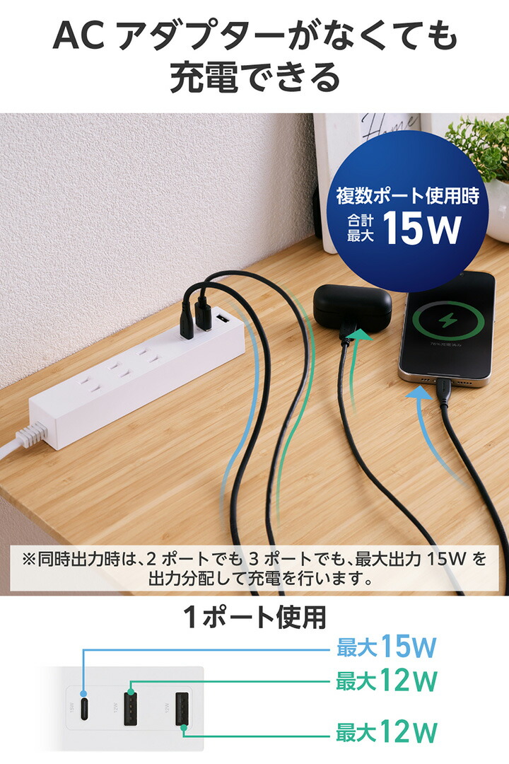 コード付きUSBタップ(1.5m/A×2+C×1) | エレコムダイレクトショップ