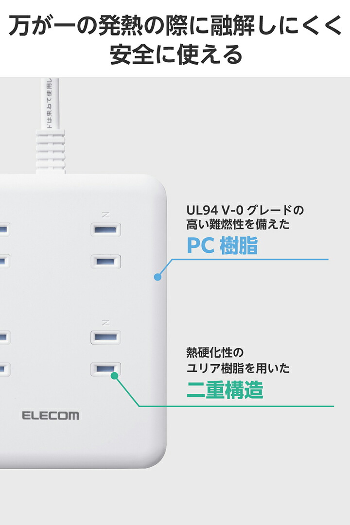 USB付きコードタップ(2.5m/8口/A×2+C×1) | エレコムダイレクト