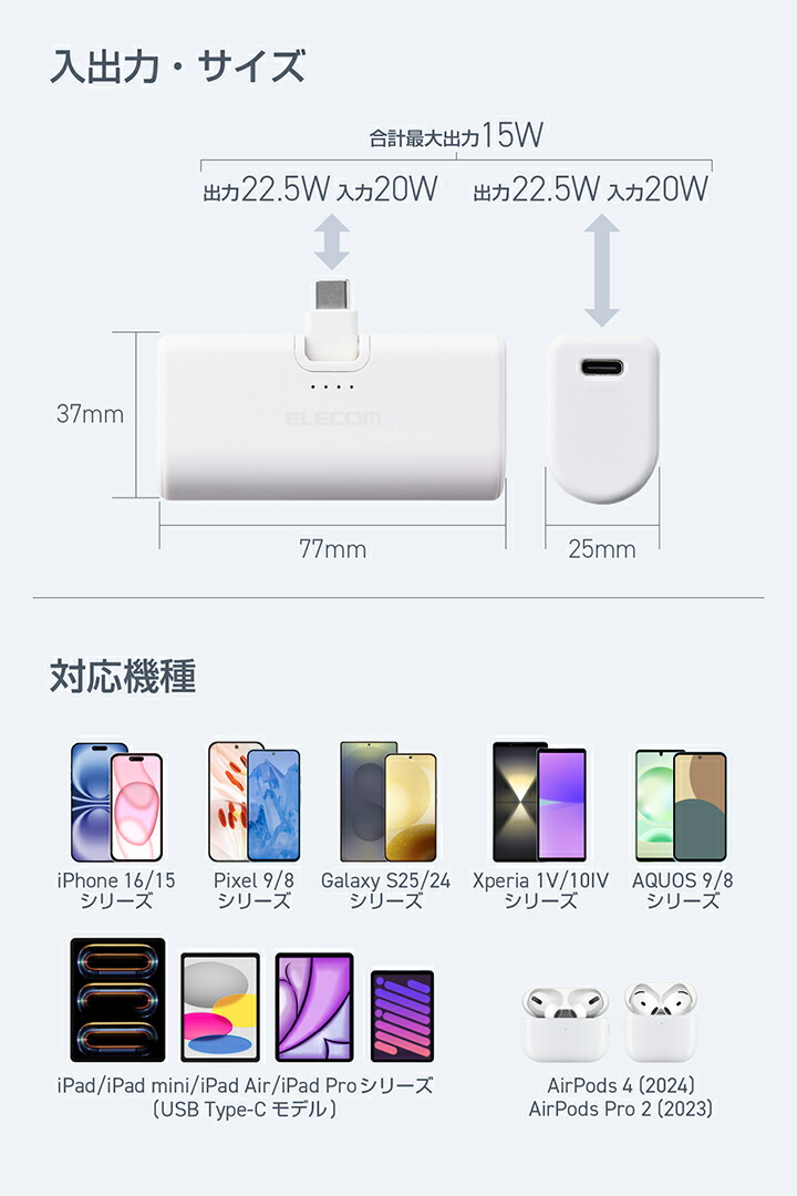 折り畳み式直挿しモバイルバッテリー(USB Type-Cプラグ/5000mAh 