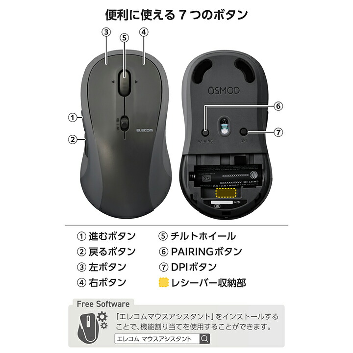 OSMOD 7 USB無線/Bluetooth 静音マウス [7ボタン/Lサイズ] | エレコム