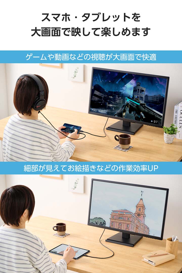 土日祝発送・23.8型モニター＋USB-CtoHDMI変換ケーブル付 USB Type-C(TM) - HDMI(R)変換ケーブル | エレコムダイレクトショップ