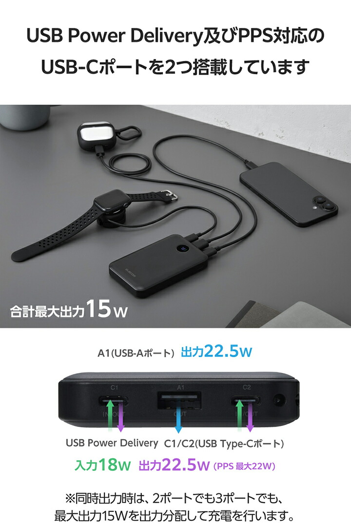 ストラップ型ケーブル付きモバイルバッテリー(10000mAh/22.5W