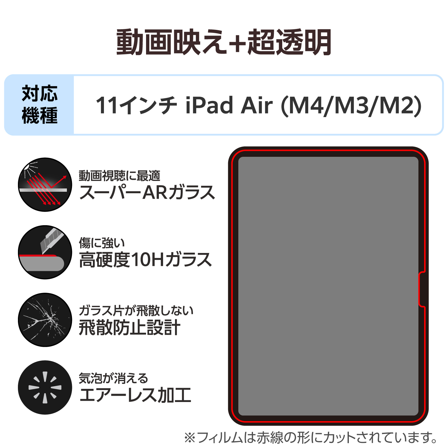 11インチiPad Air(M4/M3/M2) ガラスフィルム 動画映え 超透明 ガイド