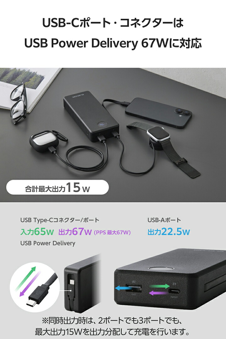 残量が見えるケーブル一体型モバイルバッテリー(20000mAh/67W