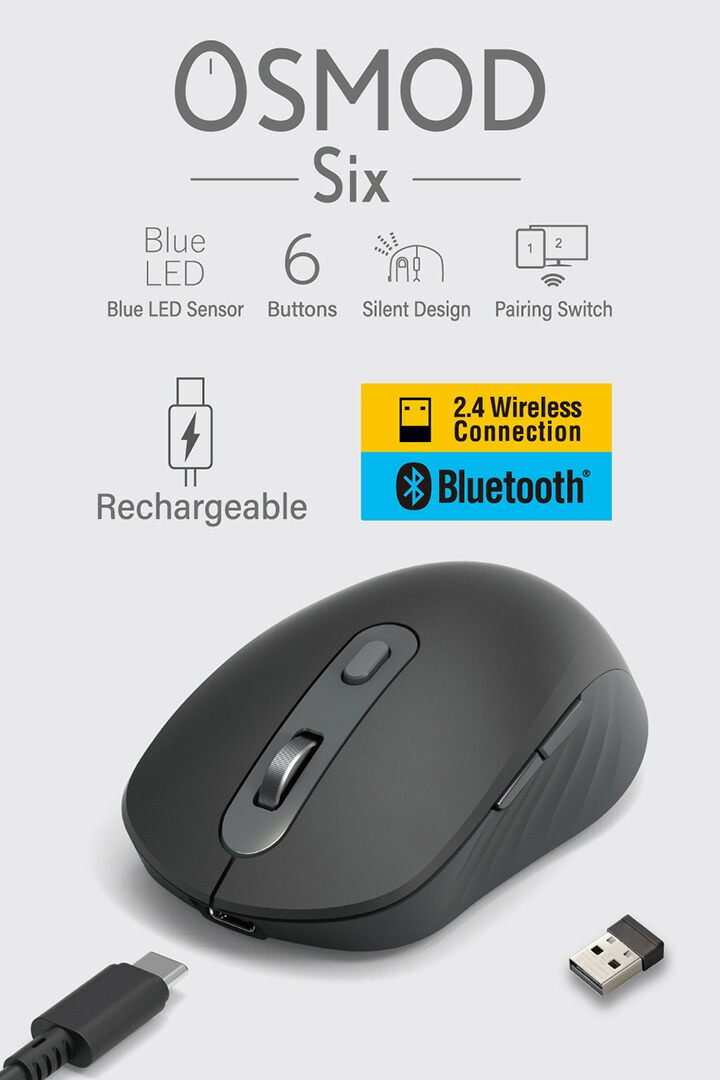 OSMOD Six USB無線/Bluetooth 充電静音マウス [6ボタン/Mサイズ
