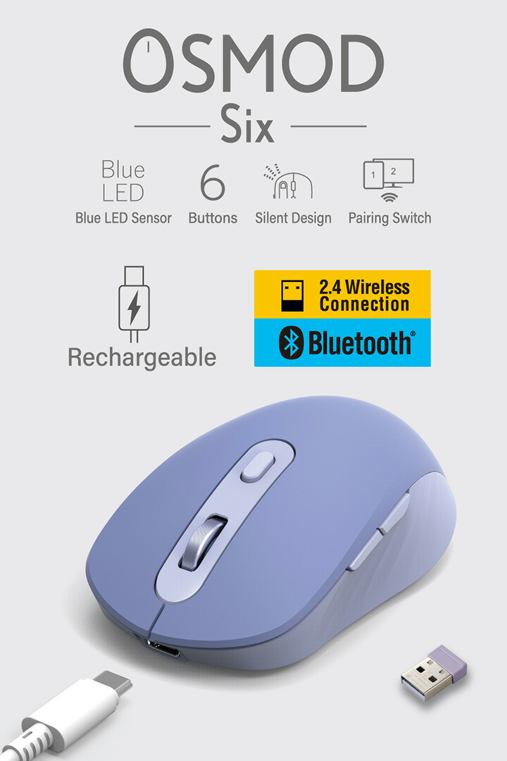 OSMOD Six USB無線/Bluetooth 充電静音マウス [6ボタン/Mサイズ