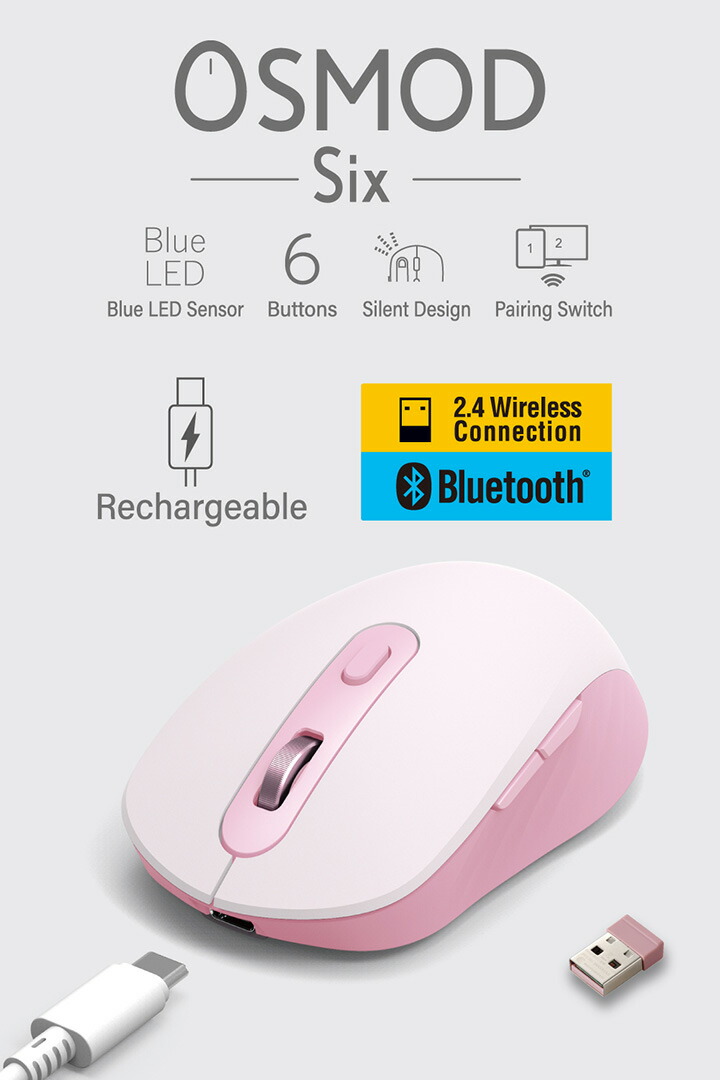 OSMOD Six USB無線/Bluetooth 充電静音マウス [6ボタン/Mサイズ