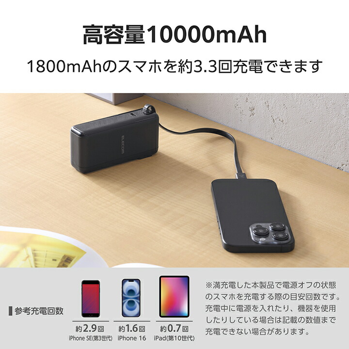 AC充電器・USB Type-Cケーブル一体モバイルバッテリー(10000mAh