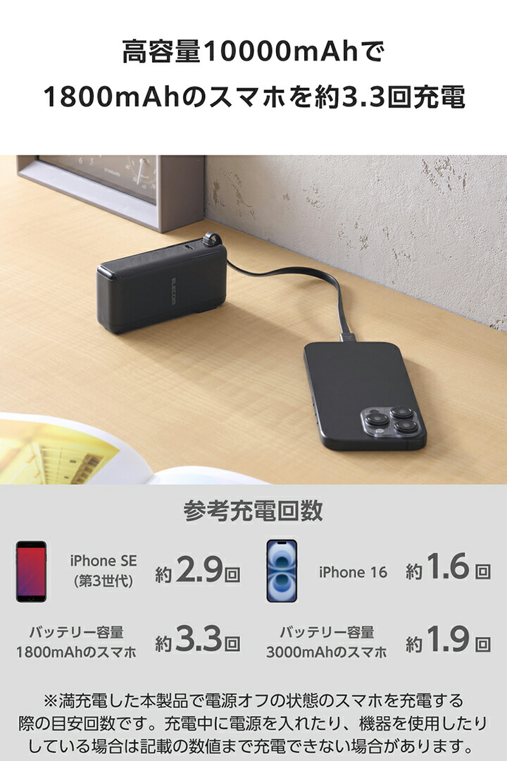 AC充電器・USB Type-Cケーブル一体モバイルバッテリー(10000mAh