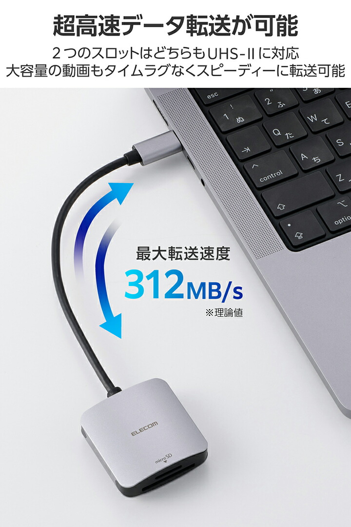 USB Type-C接続ケーブル付きメモリーカードリーダー(UHS-II