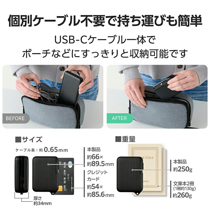 巻き取り式ケーブル一体型モバイルバッテリー(10000mAh/30W