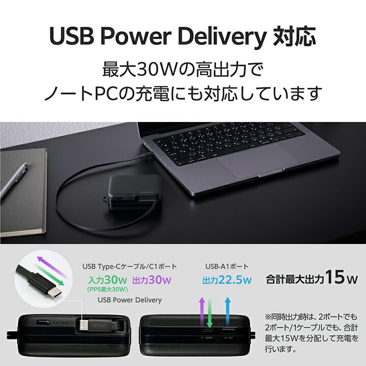 巻き取り式ケーブル一体型モバイルバッテリー(10000mAh/30W