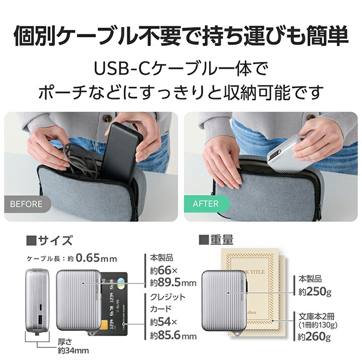 巻き取り式ケーブル一体型モバイルバッテリー(10000mAh/30W