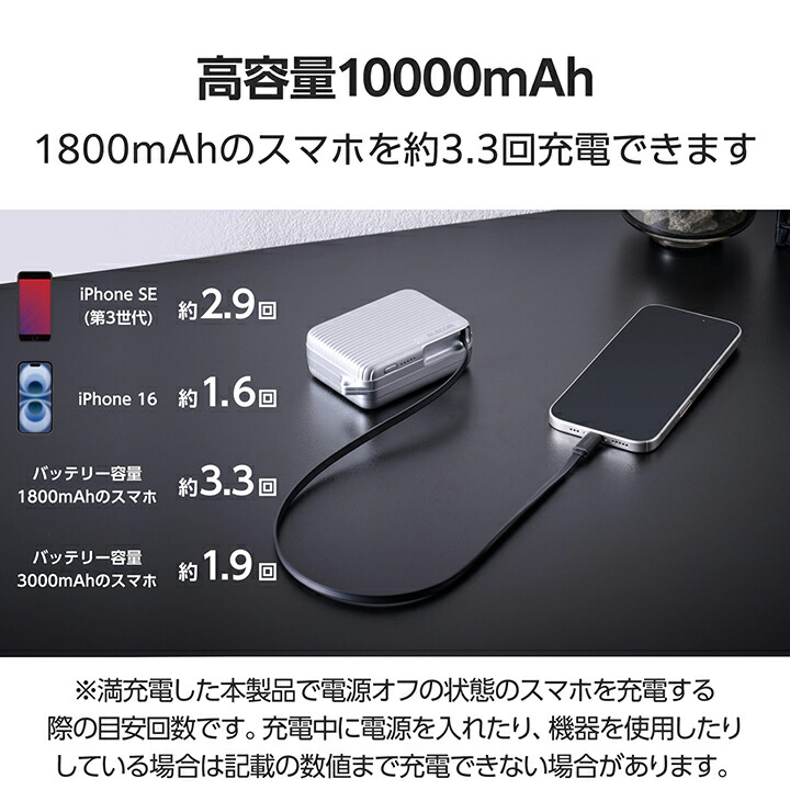 巻き取り式ケーブル一体型モバイルバッテリー(10000mAh/30W