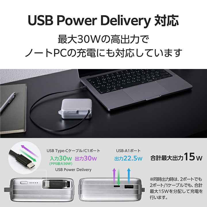 巻き取り式ケーブル一体型モバイルバッテリー(10000mAh/30W