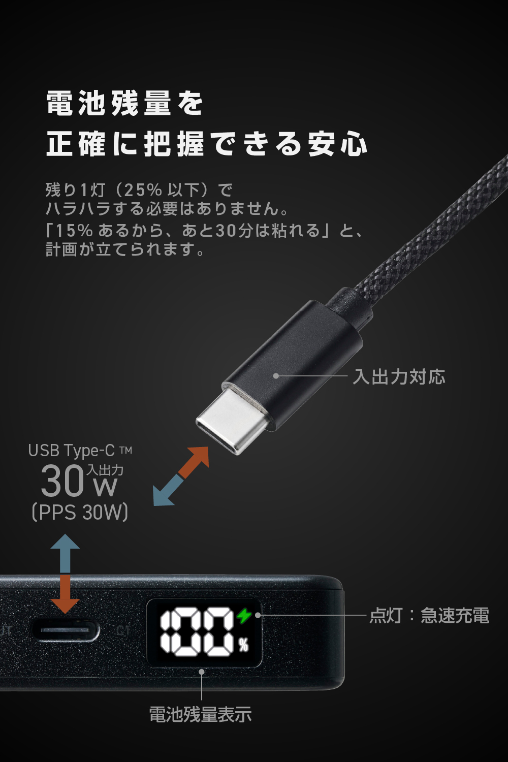 ケーブル一体型 半固体モバイルバッテリー(10000mAh/30W) | エレコム