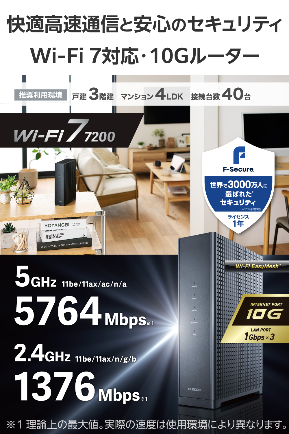 Wi-Fi 7 5764+1376Mbps セキュリティ搭載10Gルーター | エレコム