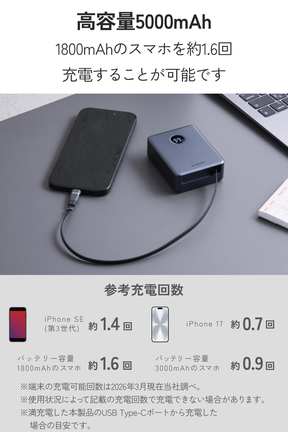巻き取り式ケーブル一体型モバイルバッテリー(5000mAh/20W) | エレコム
