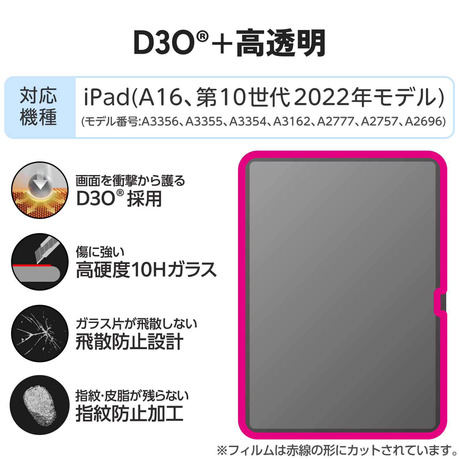 iPad(A16/第10世代) ガラスフィルム D3O 高透明 ガイドフレーム付