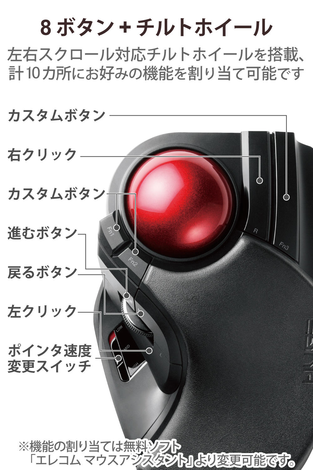 ワイヤレストラックボール（人差し指・中指操作タイプ） | エレコム