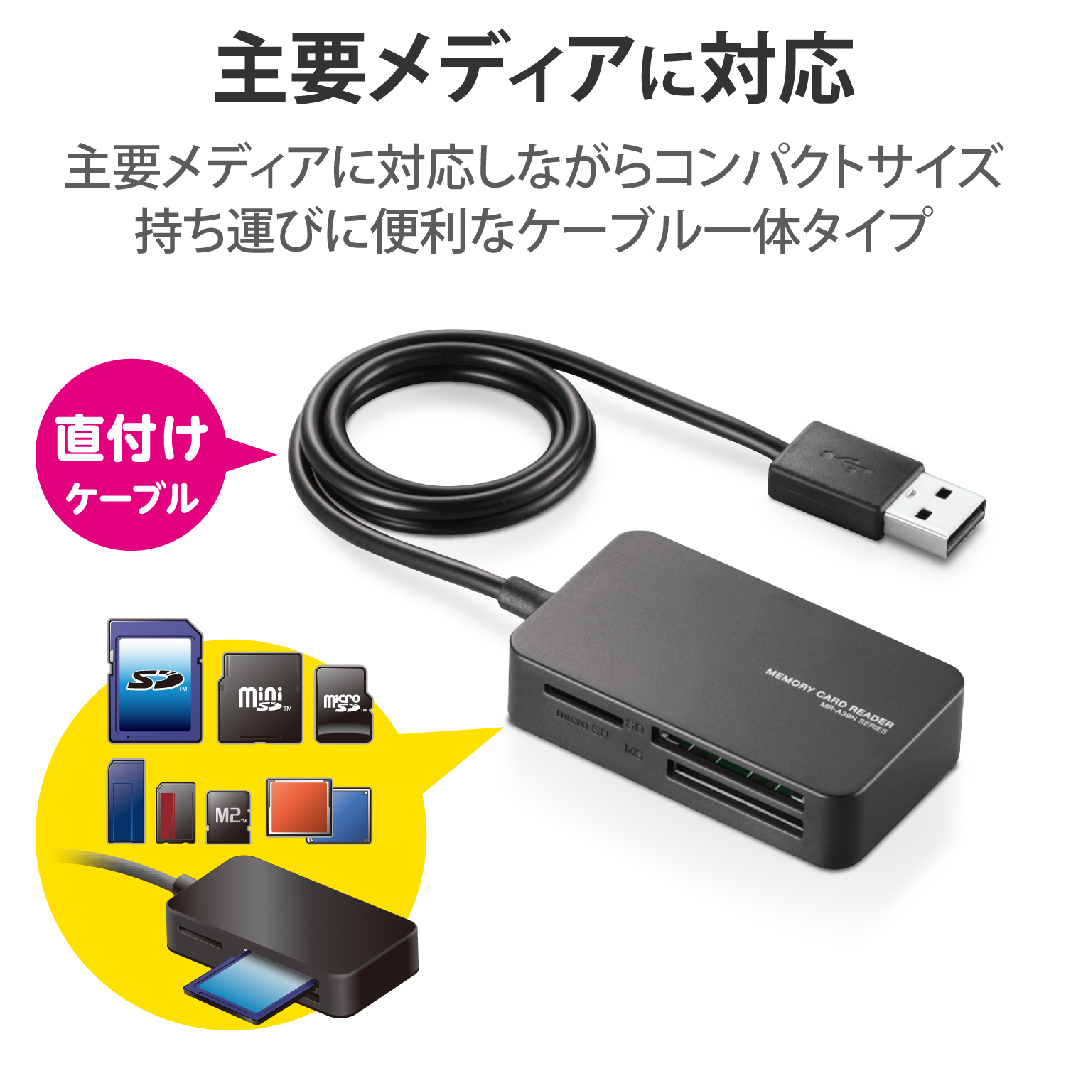 USB-A接続 ケーブル付き コンパクトメモリーカードリーダー | エレコム