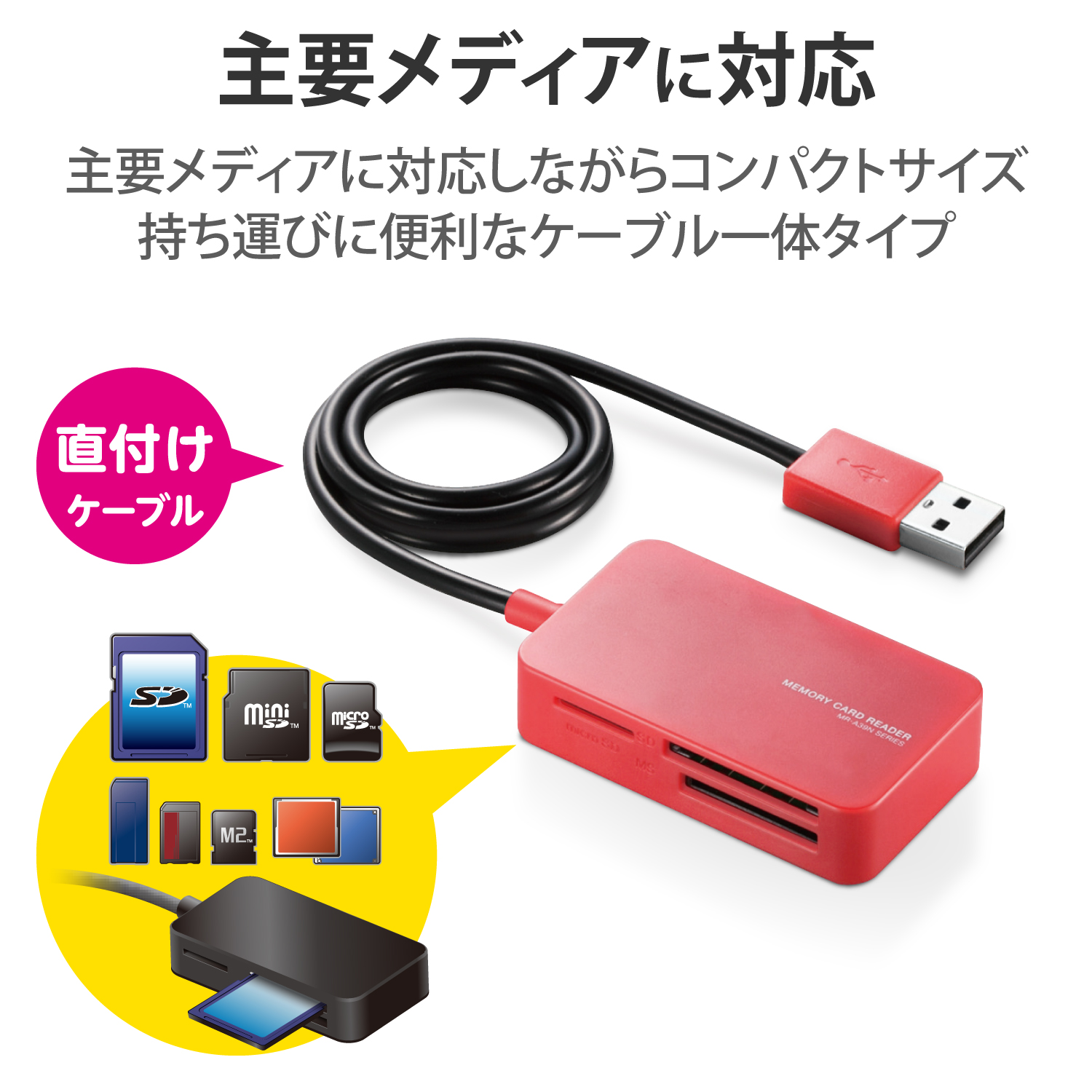 USB-A接続 ケーブル付き コンパクトメモリーカードリーダー | エレコム