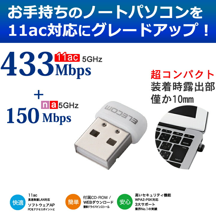 433Mbps USB無線超小型LANアダプター：WDC-433SU2M2WH