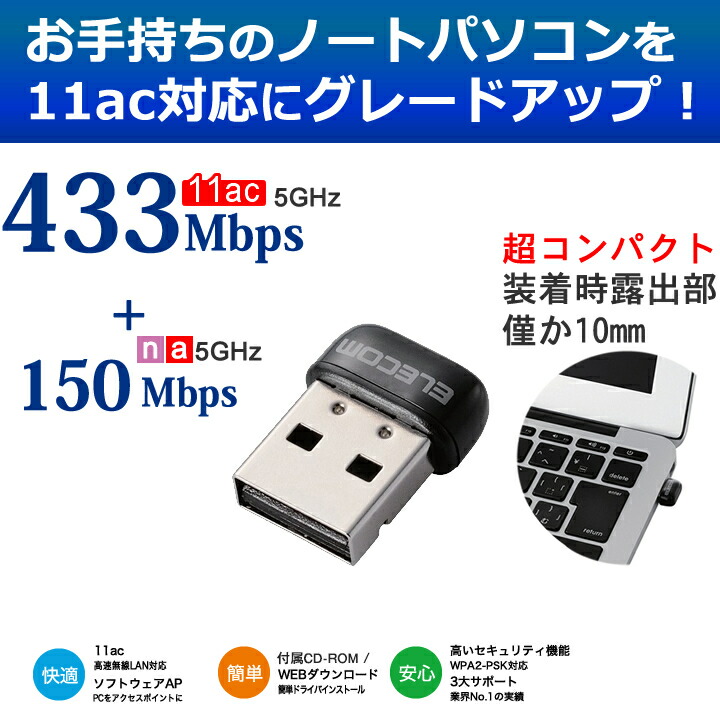 433Mbps USB無線超小型LANアダプター：WDC-433SU2M2BK